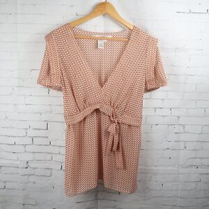 STUDIO M PINK & BLACK DESIGN DEEP V NECK SHORT SLEEVE TUNIC TOP SIZE LARGE